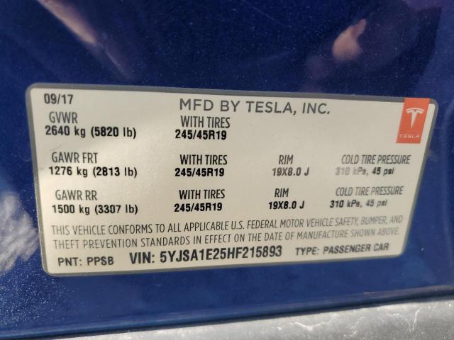 5YJSA1E25HF215893 - 2017 TESLA MODEL S BLUE photo 13