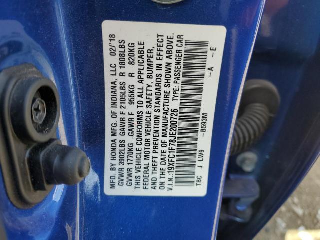 19XFC1F78JE200726 - 2018 HONDA CIVIC EXL ლურჯი ფოტო 13