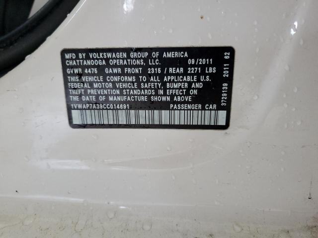 1VWAP7A39CC014691 - 2012 VOLKSWAGEN PASSAT S WHITE photo 12