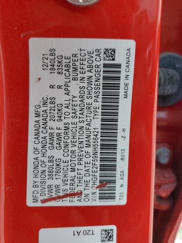 2HGFE2F59NH556421 - 2022 HONDA CIVIC SPORT RED photo 12