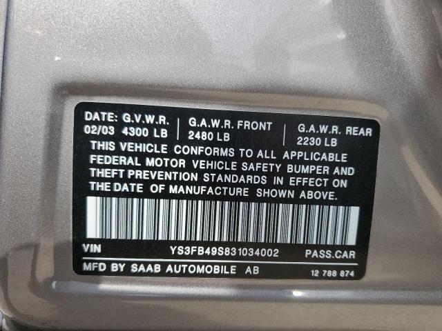 YS3FB49S831034002 - 2003 SAAB 9-3 LINEAR GRAY photo 12