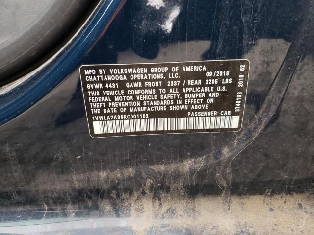 1VWLA7A38KC001102 - 2019 VOLKSWAGEN PASSAT WOLFSBURG BLUE photo 12