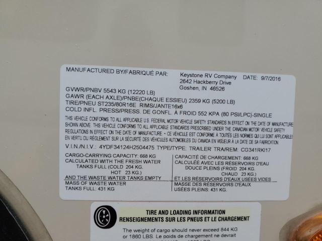 4YDF34124H2504475 - 2017 KEYSTONE COUGAR TAN photo 10