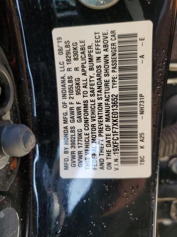 19XFC1F7XKE013652 - 2019 HONDA CIVIC EXL 黑色 照片 12