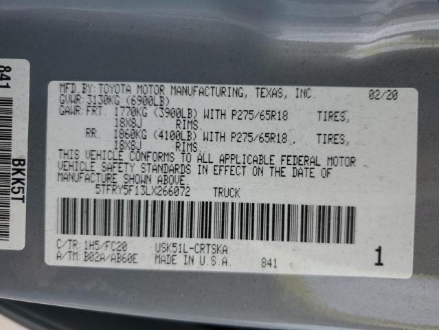 5TFRY5F13LX266072 - 2020 TOYOTA TUNDRA DOUBLE CAB SR/SR5 SILVER photo 13