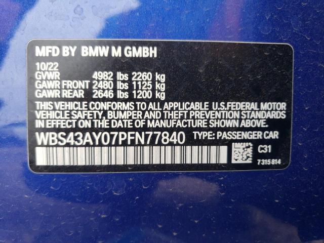 WBS43AY07PFN77840 - 2023 BMW M3 COMPETITION BLUE photo 12