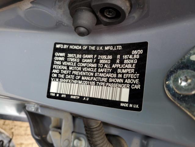 SHHFK7H91MU201105 - 2021 HONDA CIVIC SPORT TOURING GRAY photo 12