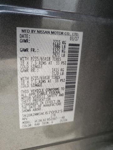 5N1DR2MM5HC670925 - 2017 NISSAN PATHFINDER S GRAY photo 14