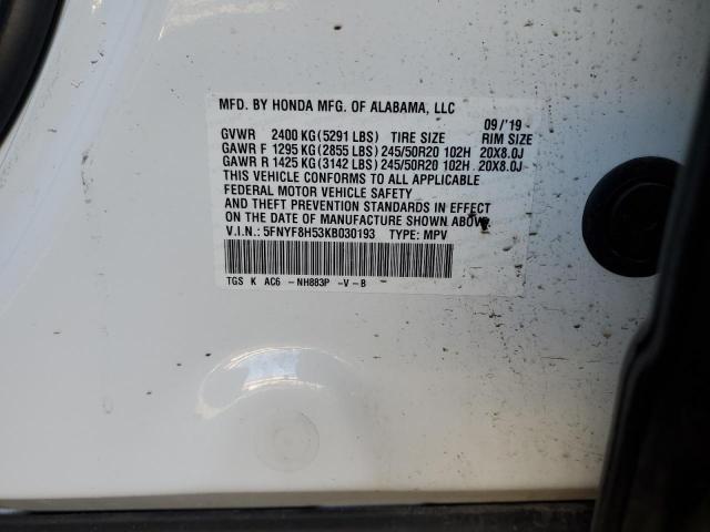 5FNYF8H53KB030193 - 2019 HONDA PASSPORT EXL WHITE photo 13