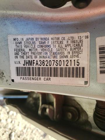 JHMFA36207S012115 - 2007 HONDA CIVIC HYBRID SILVER photo 10