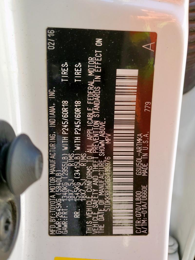 5TDKKRFH2GS135976 - 2016 TOYOTA HIGHLANDER XLE WHITE photo 13