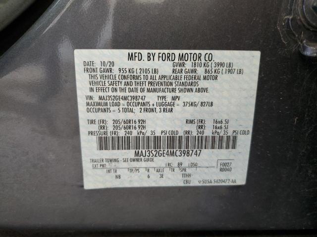 MAJ3S2GE4MC398747 - 2021 FORD ECOSPORT SE ნაცრისფერი ფოტო 12