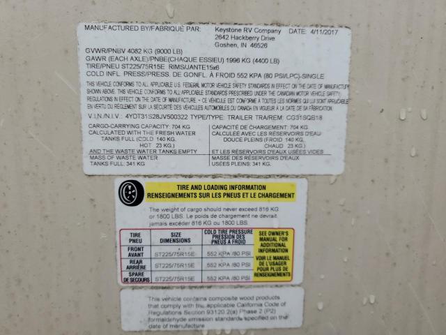 4YDT31S28JV500322 - 2018 KEYSTONE TRAILER BEIGE photo 10