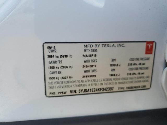5YJSA1E24KF342397 - 2019 TESLA MODEL S WHITE photo 12
