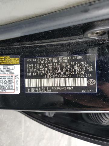 4T1BE46KX7U026419 - 2007 TOYOTA CAMRY CE BLACK photo 12