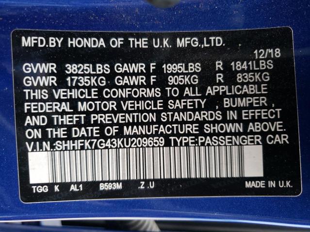 SHHFK7G43KU209659 - 2019 HONDA CIVIC SPORT ლურჯი ფოტო 12