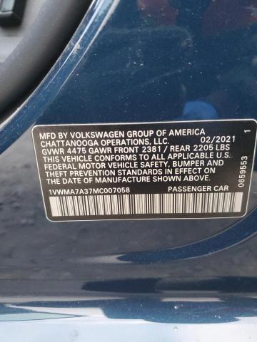 1VWMA7A37MC007058 - 2021 VOLKSWAGEN PASSAT R-LINE ლურჯი ფოტო 12