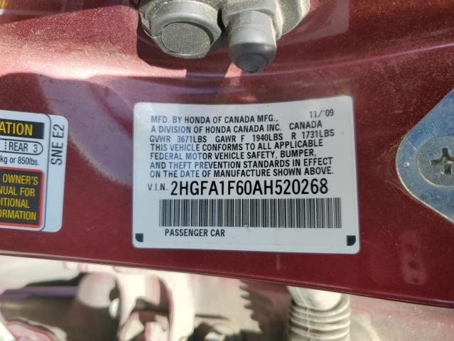 2HGFA1F60AH520268 - 2010 HONDA CIVIC LX-S MAROON photo 13