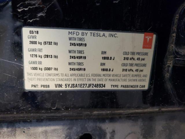 5YJSA1E27JF248934 - 2018 TESLA MODEL S BLACK photo 12