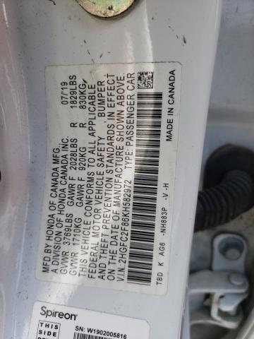 2HGFC2F86KH582972 - 2019 HONDA CIVIC SPORT Beyaz fotoğraf 12