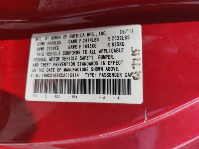 1HGCS1B8XCA015914 - 2012 HONDA ACCORD EXL RED photo 12