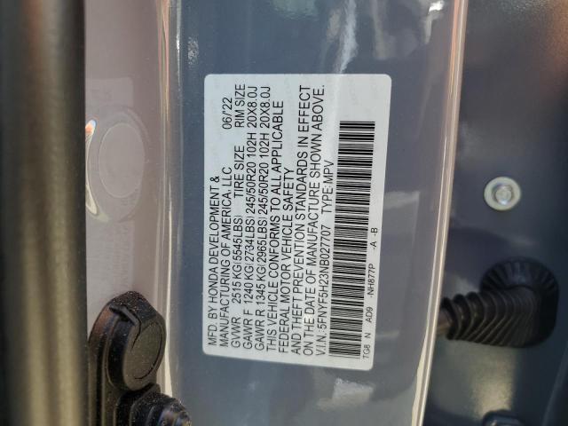 5FNYF5H23NB027707 - 2022 HONDA PILOT SE GRAY photo 13