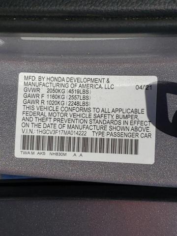 1HGCV3F17MA014222 - 2021 HONDA ACCORD HYBRID SILVER photo 10