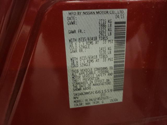 5N1AR2MM5FC661559 - 2015 NISSAN PATHFINDER S 红色 照片 13