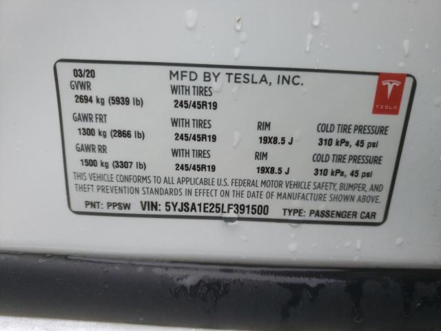 5YJSA1E25LF391500 - 2020 TESLA MODEL S თეთრი ფოტო 12