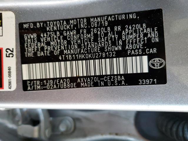 4T1B11HK0KU278132 - 2019 TOYOTA CAMRY L SILVER photo 12