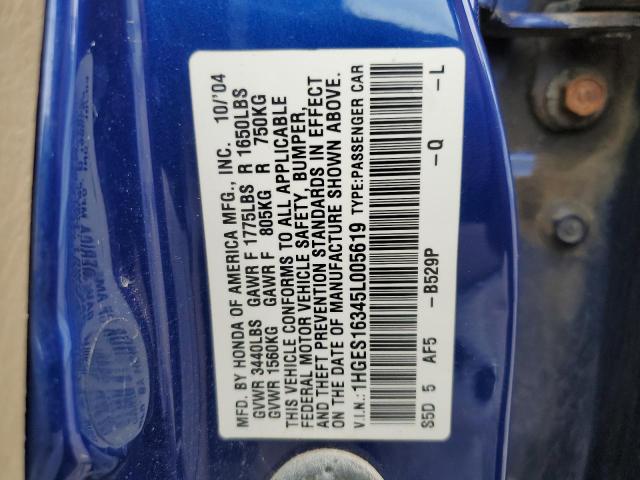 1HGES16345L005619 - 2005 HONDA CIVIC DX VP Blau Foto 12