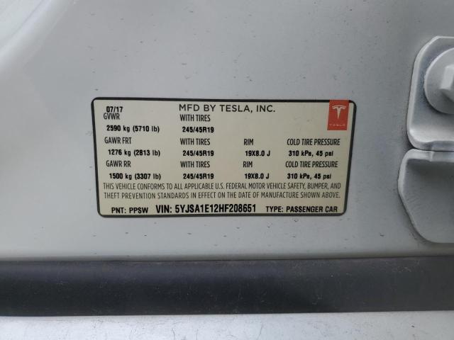 5YJSA1E12HF208651 - 2017 TESLA MODEL S თეთრი ფოტო 13
