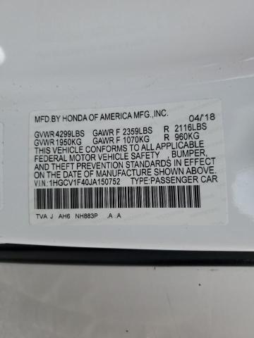 1HGCV1F40JA150752 - 2018 HONDA ACCORD EX WHITE photo 13