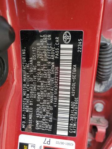 4T4BF1FK3CR221936 - 2012 TOYOTA CAMRY BASE RED photo 12
