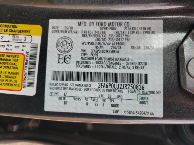 3FA6P0LU2JR250836 - 2018 FORD FUSION SE HYBRID GRAY photo 12