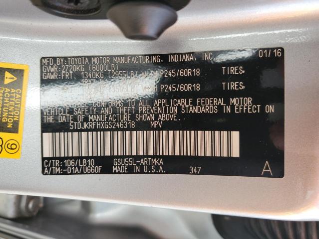 5TDJKRFHXGS246318 - 2016 TOYOTA HIGHLANDER XLE SILVER photo 13