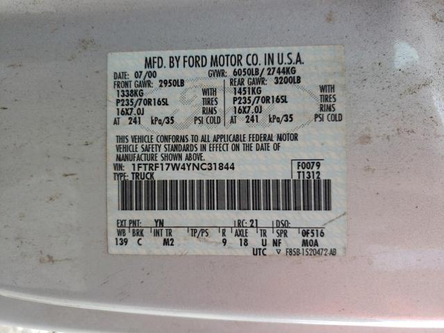 1FTRF17W4YNC31844 - 2000 FORD F150 2WD GRAY photo 12