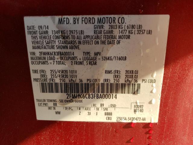 2FMHK6C83FBA00014 - 2015 FORD FLEX SEL RED photo 13