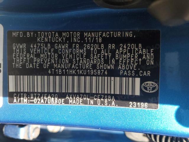 4T1B11HK1KU195874 - 2019 TOYOTA CAMRY L 蓝色 照片 13
