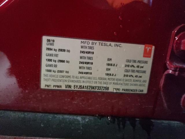 5YJSA1E29KF337258 - 2019 TESLA MODEL S წითელი ფოტო 12