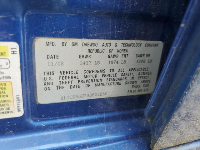 KL1TD66E79B622286 - 2009 CHEVROLET AVEO LS 蓝色 照片 12
