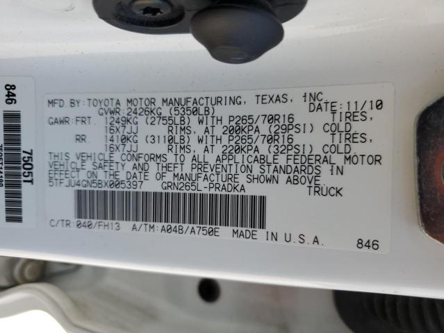 5TFJU4GN5BX005397 - 2011 TOYOTA TACOMA DOUBLE CAB PRERUNNER WHITE photo 12