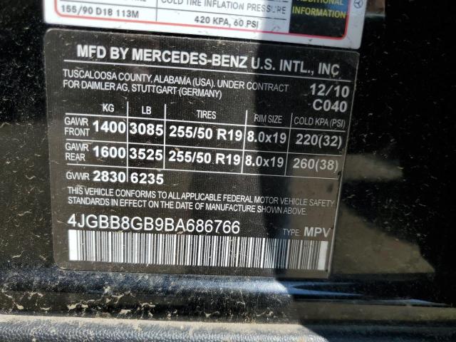 4JGBB8GB9BA686766 - 2011 MERCEDES-BENZ ML 350 4MATIC BLACK photo 13