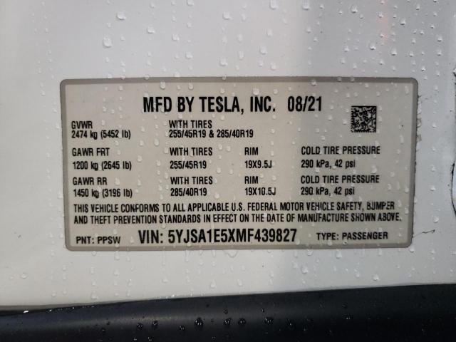 5YJSA1E5XMF439827 - 2021 TESLA MODEL S WHITE photo 12