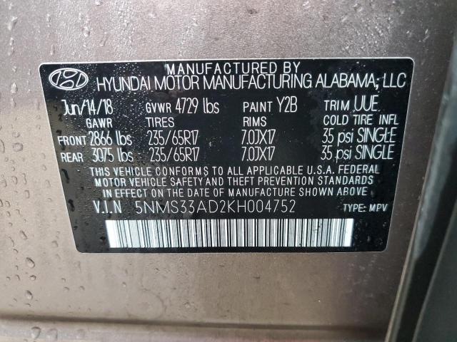 5NMS33AD2KH004752 - 2019 HYUNDAI SANTA FE SEL TAN photo 13