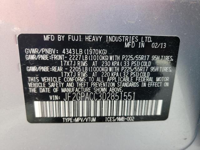 JF2GPACC3D2851551 - 2013 SUBARU XV CROSSTR 2.0 PREMIUM SILVER photo 12