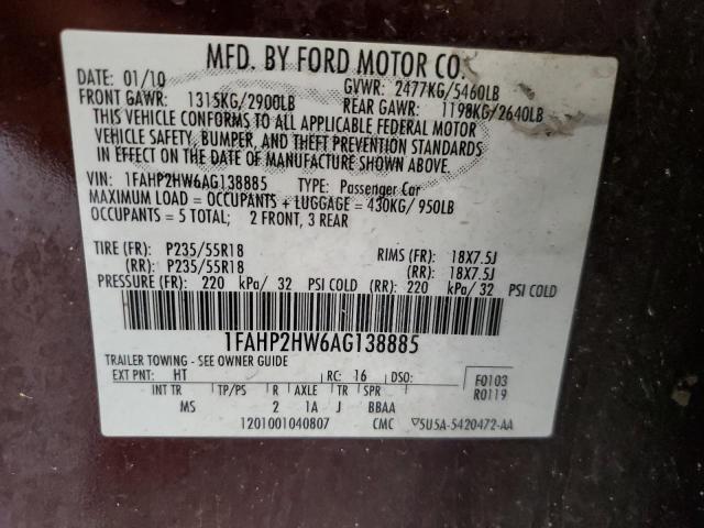 1FAHP2HW6AG138885 - 2010 FORD TAURUS SEL BURGUNDY photo 13