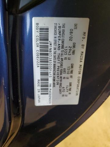 JM1NB353830301415 - 2003 MAZDA MX-5 MIATA BASE BLUE photo 12