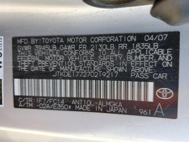 JTKDE177270219217 - 2007 TOYOTA SCION TC 银色 照片 12