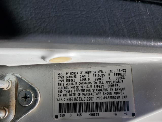 1HGES16533L012267 - 2003 HONDA CIVIC LX WHITE photo 13